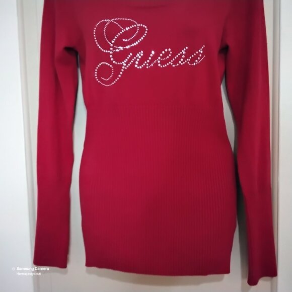 Guess Lipstick Red Ribbed Knik Long Sleeve Pullover Rhinestone Logo Sweater M - Picture 2 of 4